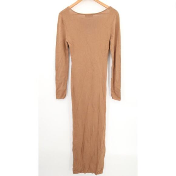 House of CB London Maxi Dress Tan Nude Ribbed Long Sleeve Slit Scoop Neck Large - Picture 11 of 11